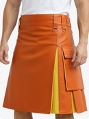 Orange leather skirt with yellow lining worn by a person on a white background