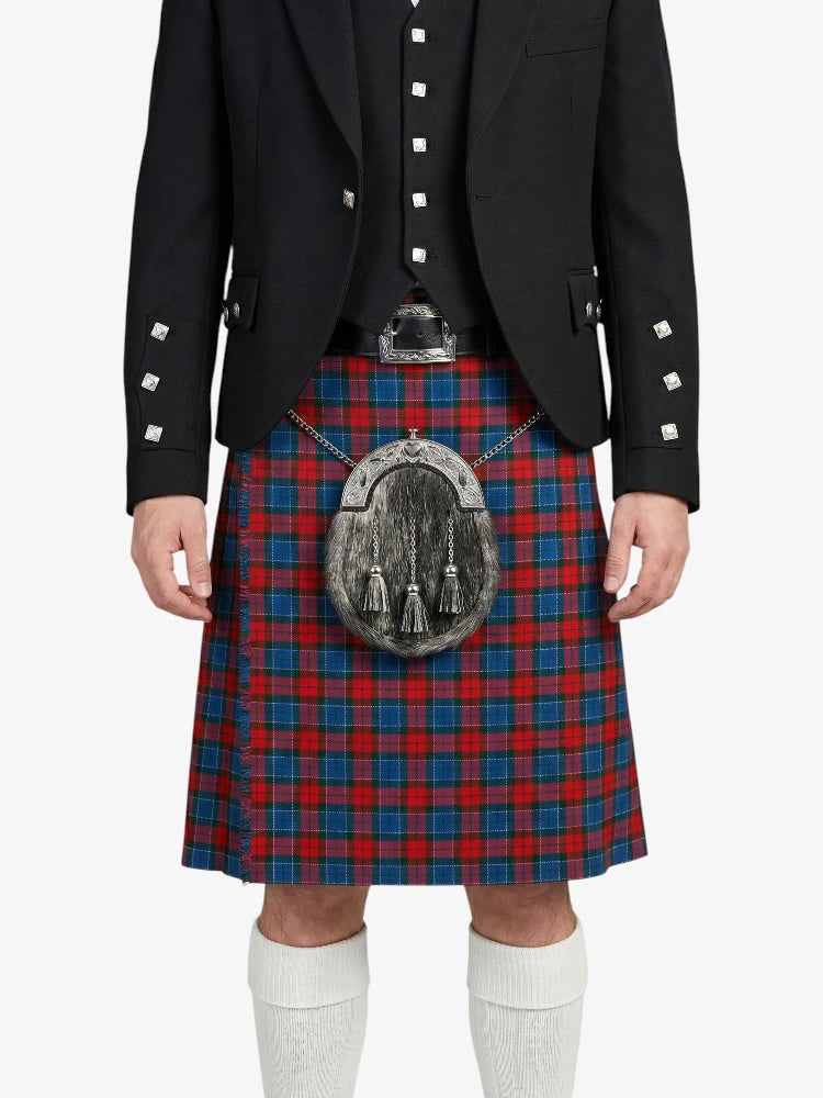 Person wearing a traditional Scottish kilt with a sporran on a white background