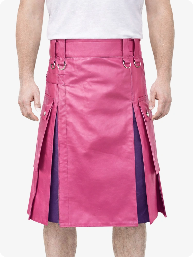 Pink Leather Utility Kilt with Purple Pleats, Side Pockets & D-Ring Hardware