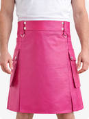 Pink Genuine Leather Utility Kilt with Cargo Pockets & D-Rings