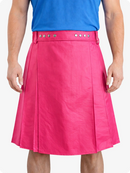 Person wearing a bright pink kilt with a blue top on a white background