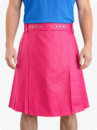 Person wearing a bright pink kilt with a blue top on a white background