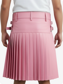 Pink pleated skirt worn by a person on a white background