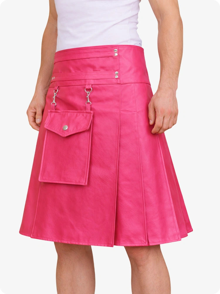 Pink skirt with silver zippers and buttons on a white background