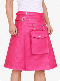 Pink skirt with belt and pockets on a white background