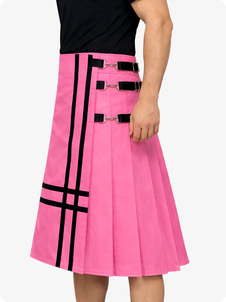 Pink skirt with black straps and buckles on a white background