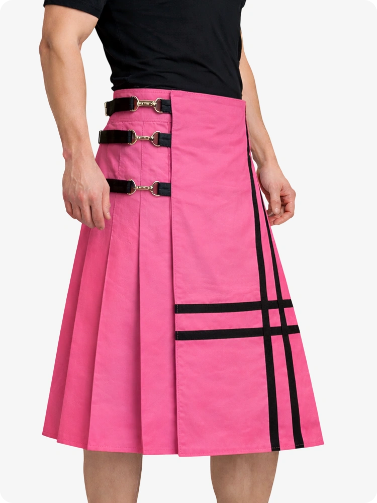 Pink Leather Utility Kilt with Side Buckles & Pleated Back