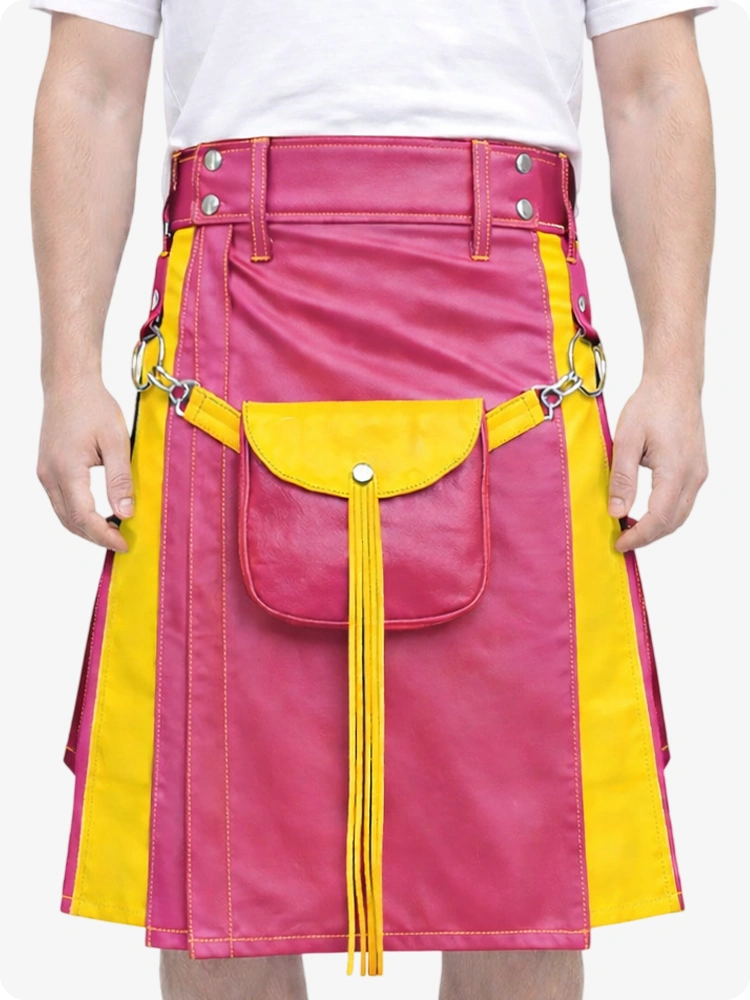 Pink Leather Utility Kilt with Yellow Accents & Detachable Pockets