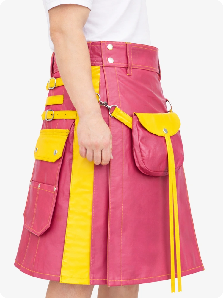 Pink Leather Utility Kilt with Yellow Accents & Detachable Pockets