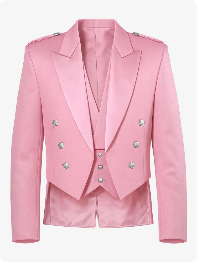 Pink suit jacket with silver buttons on a white background