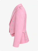 Pink blazer with decorative buttons on a white background