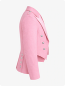 Pink blazer with silver buttons on a white background