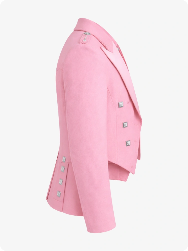 Pink blazer with silver buttons on a white background