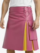 Pink and yellow skirt worn by a person on a white background