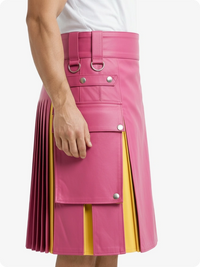 Pink kilt with yellow accents worn by a person on a white background
