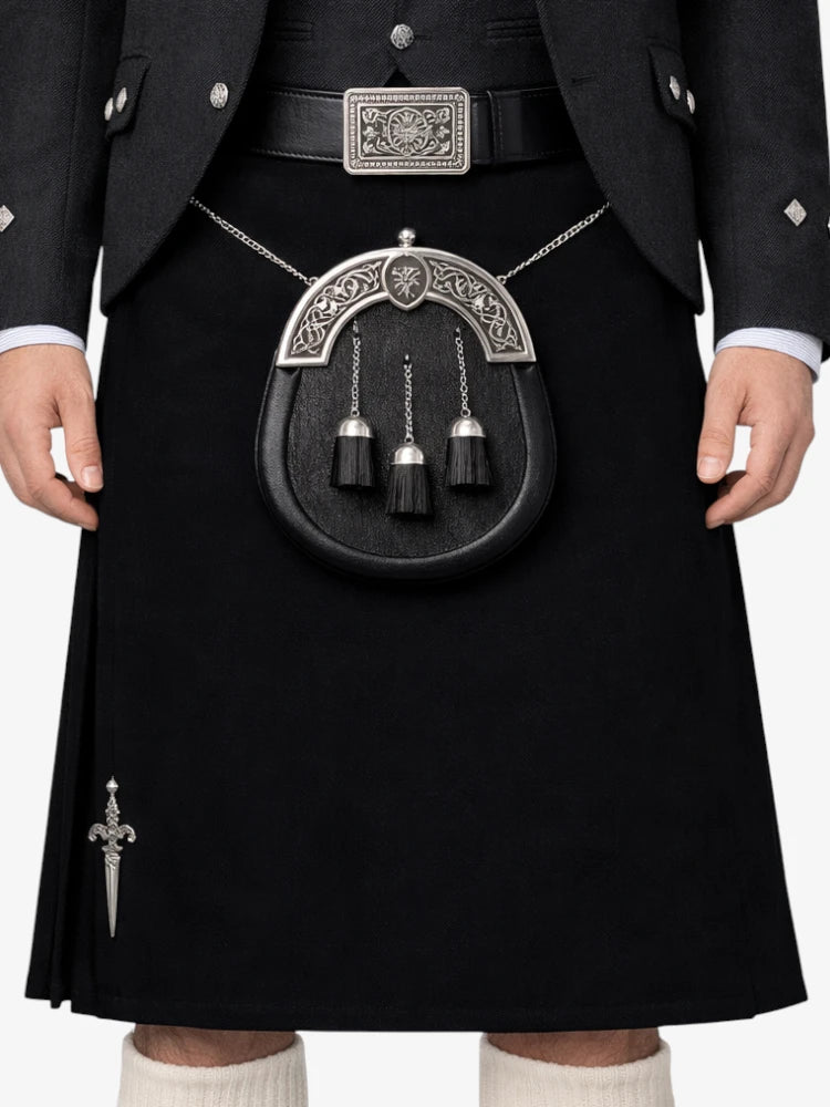 Plain Black Tartan Kilt Model Front