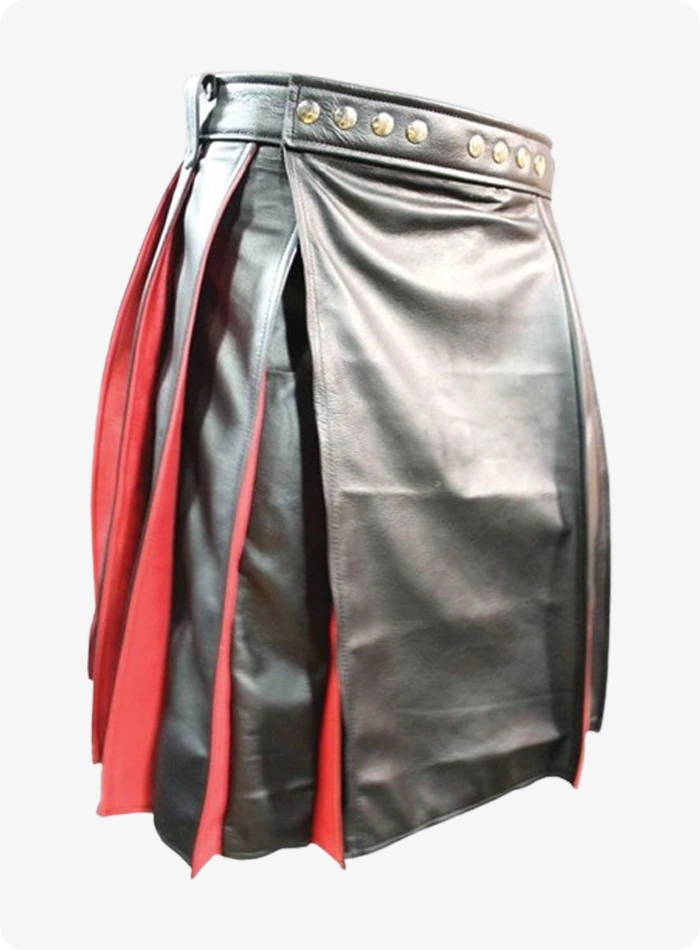Custom Made Pleated Black & Red Leather Kilt