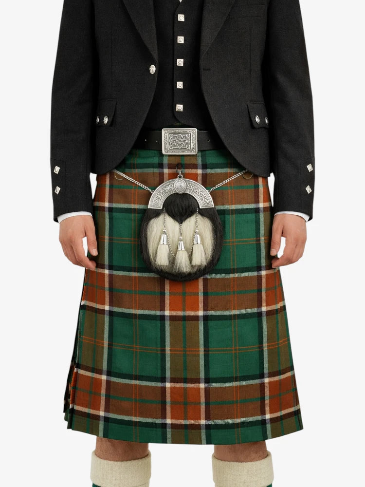 Person wearing a traditional Scottish kilt with a tartan pattern on a white background