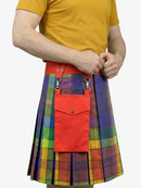 Person wearing a colorful plaid kilt with a red pocket on a white background