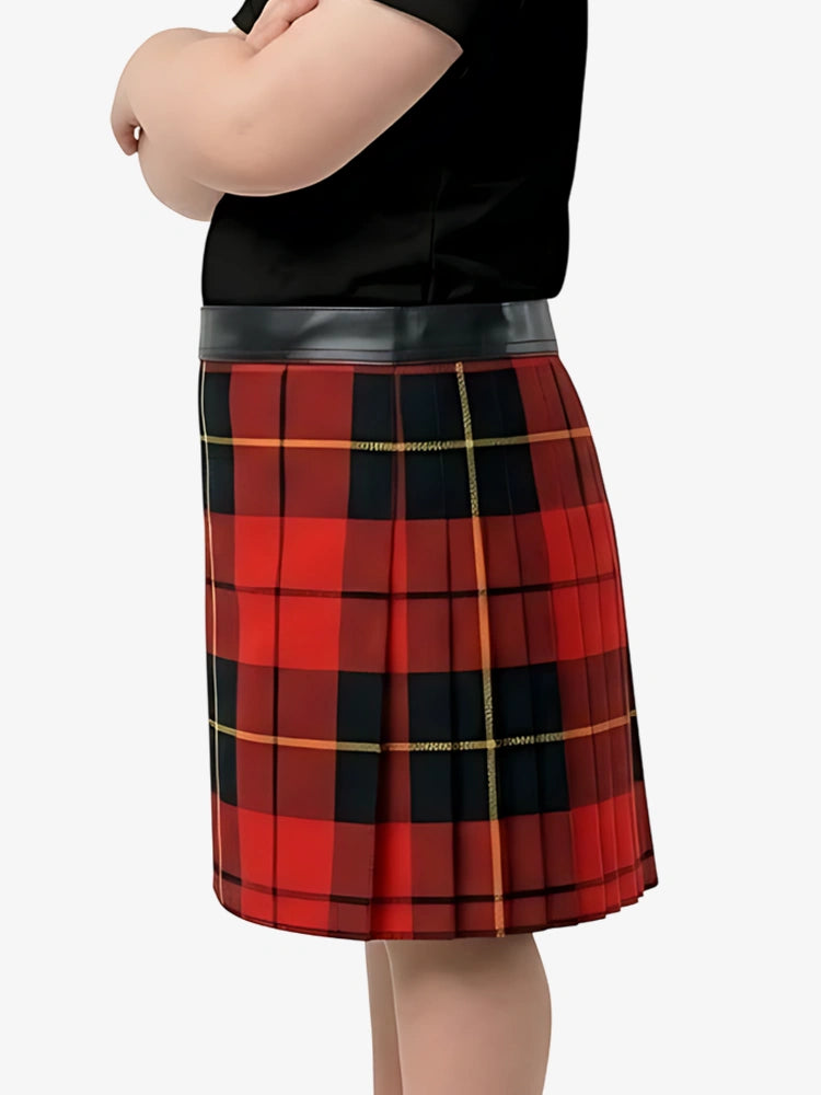 Red and black plaid skirt worn by a person on a white background