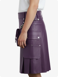 Purple leather skirt worn by a person on a white background
