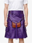Purple leather kilt with a brown leather pocket on a white background