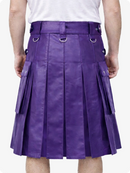 Purple kilt worn by a person on a white background