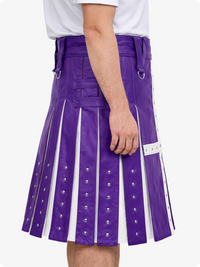 Purple kilt with white accents worn by a person on a white background