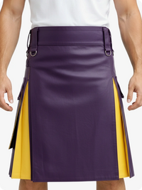 Purple and yellow kilt worn by a person on a white background