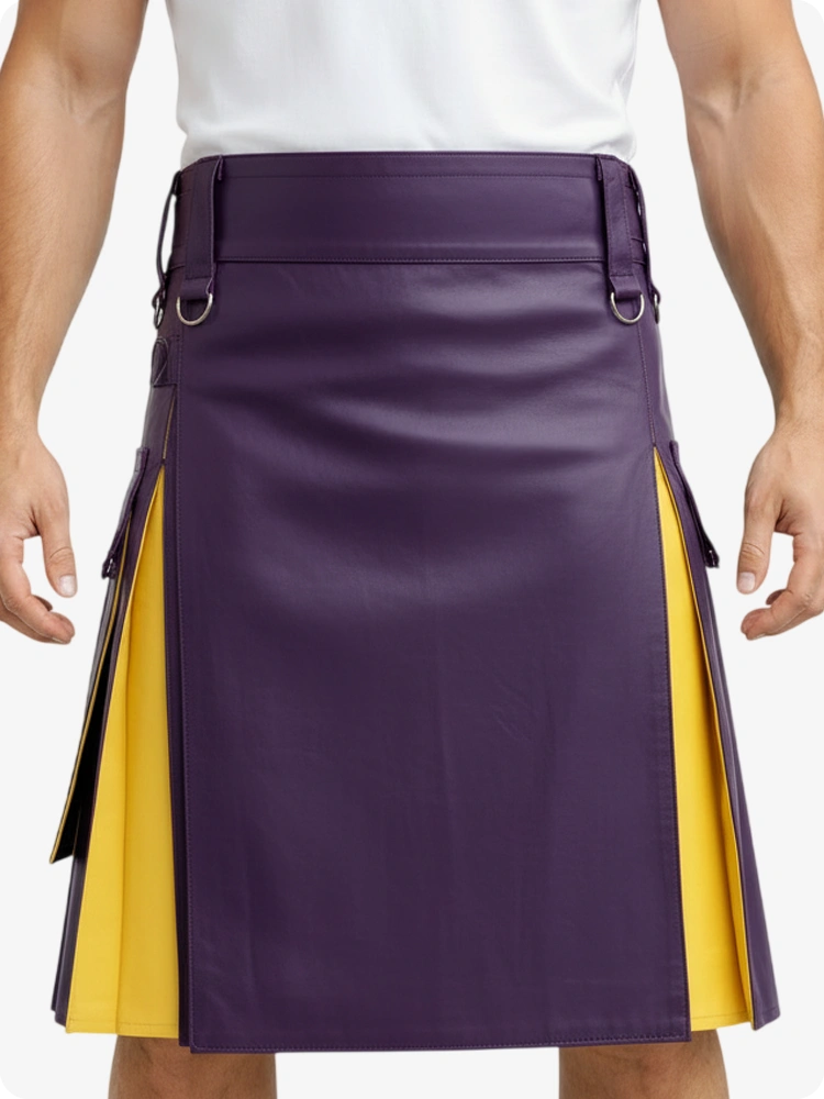 Purple and yellow kilt worn by a person on a white background