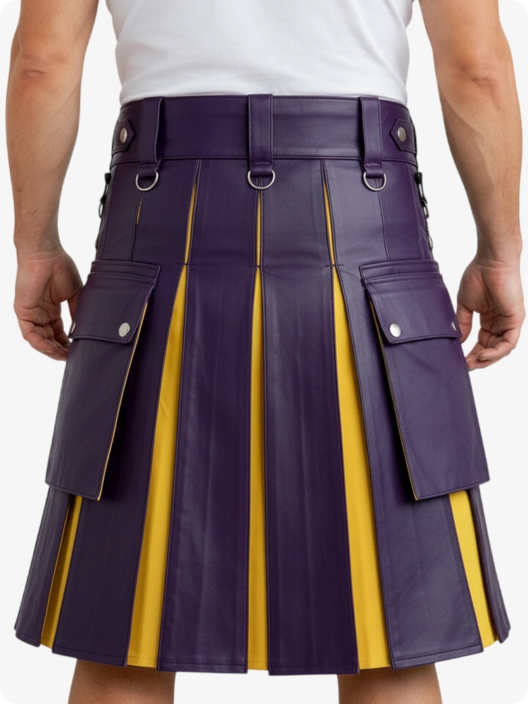 Purple and yellow kilt worn by a person on a white background