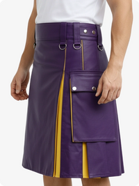 Purple skirt with yellow accents worn by a person on a white background