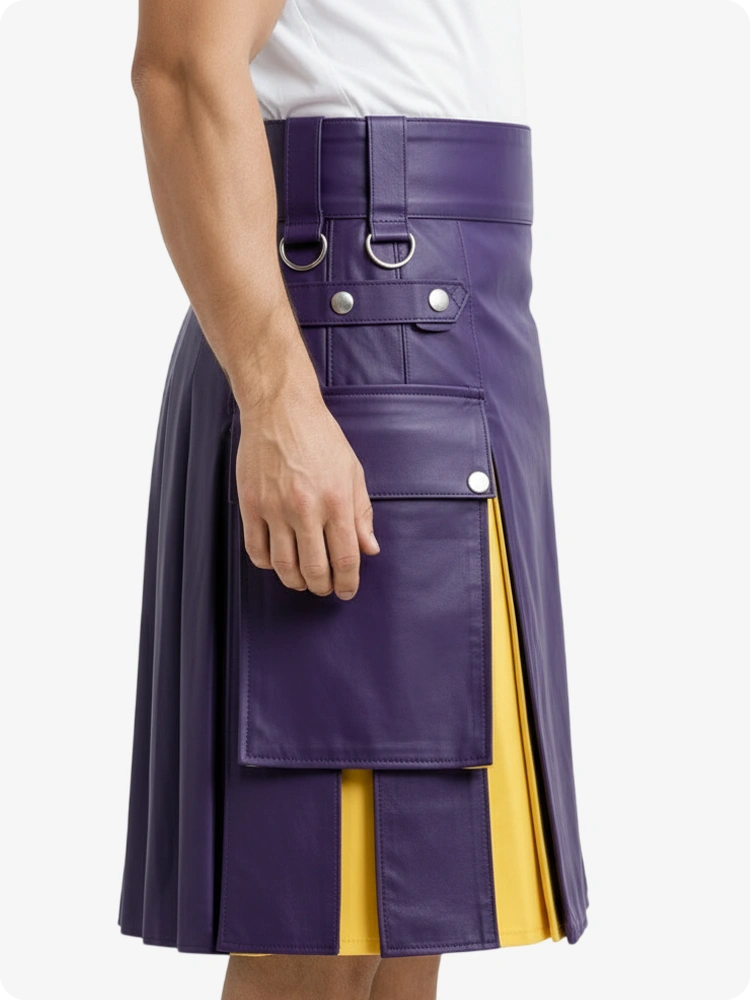 Purple kilt with yellow accent worn by a person on a white background