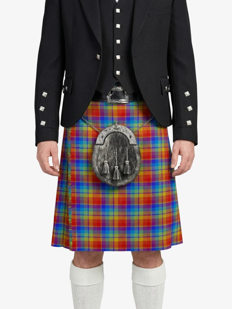 Person wearing a black jacket and colorful plaid kilt on a white background