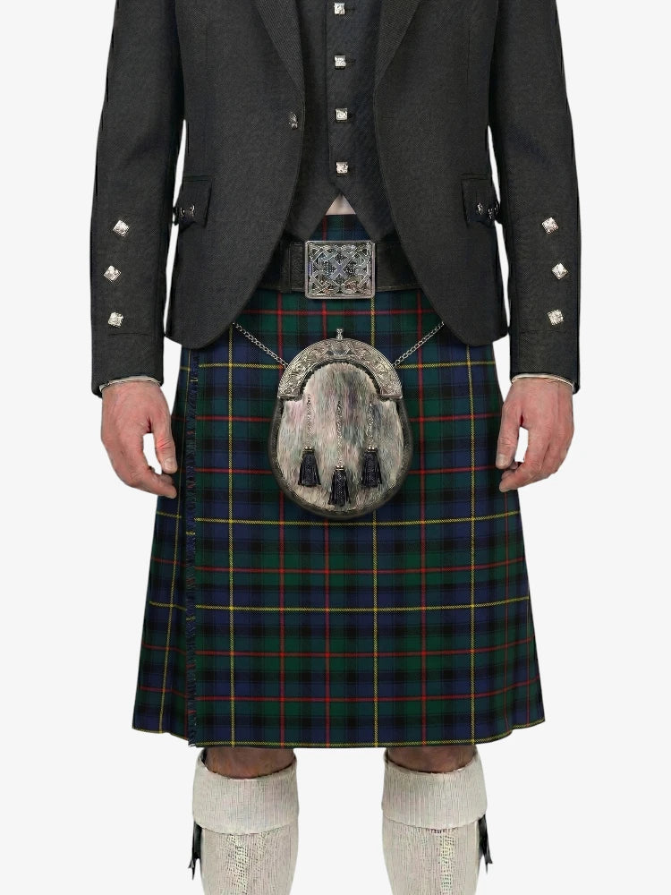 Person wearing a traditional Scottish kilt with a tartan pattern on a white background
