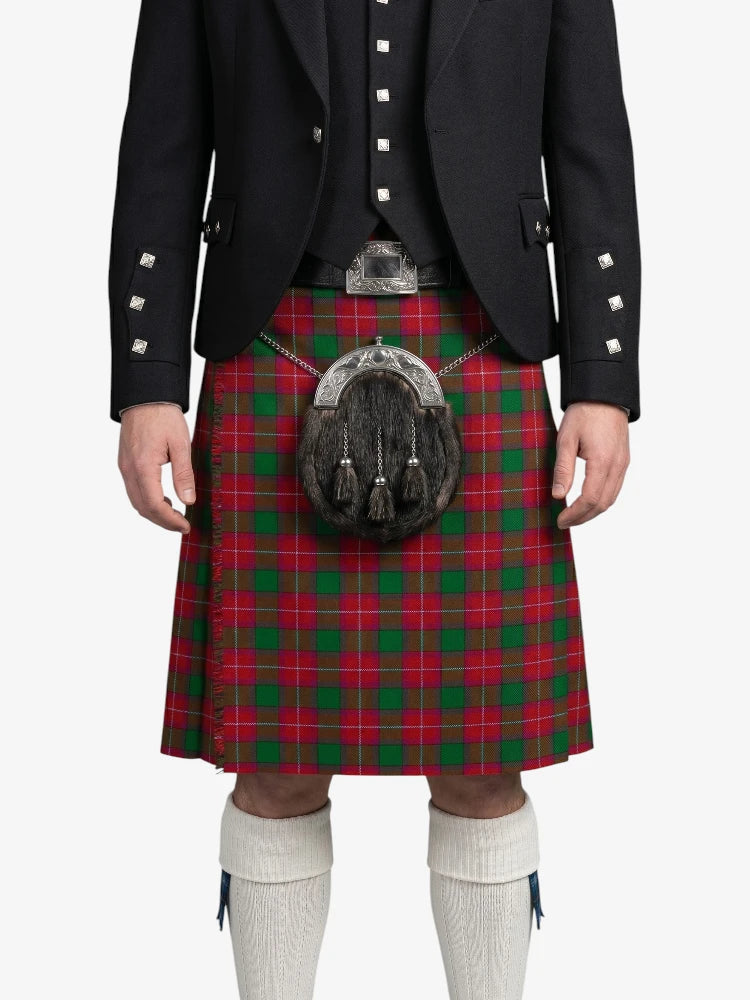 Person wearing a traditional Scottish kilt with a tartan pattern on a white background