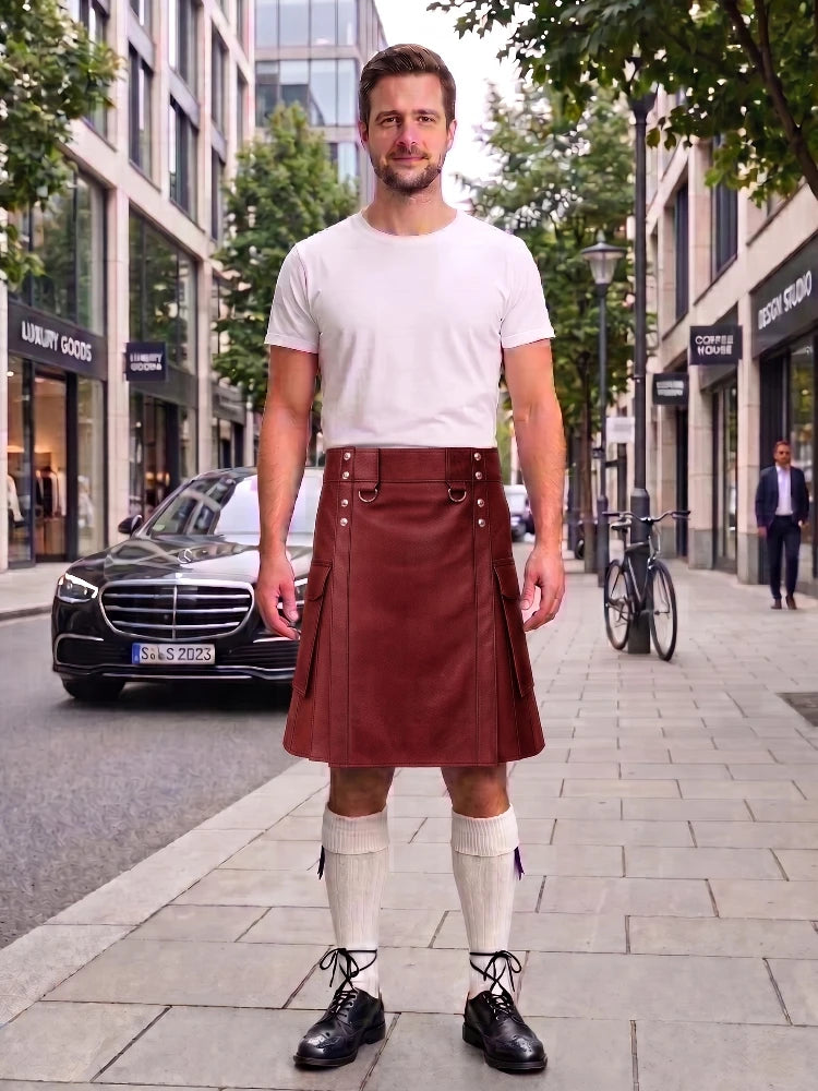A man stands on a city sidewalk wearing a white short-sleeve t-shirt and a dark reddish-brown leather kilt, paired with white knee-high socks and black leather shoes. A black Mercedes-Benz car and storefronts are visible in the background.