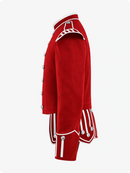 Red military-style jacket with white accents on a white background