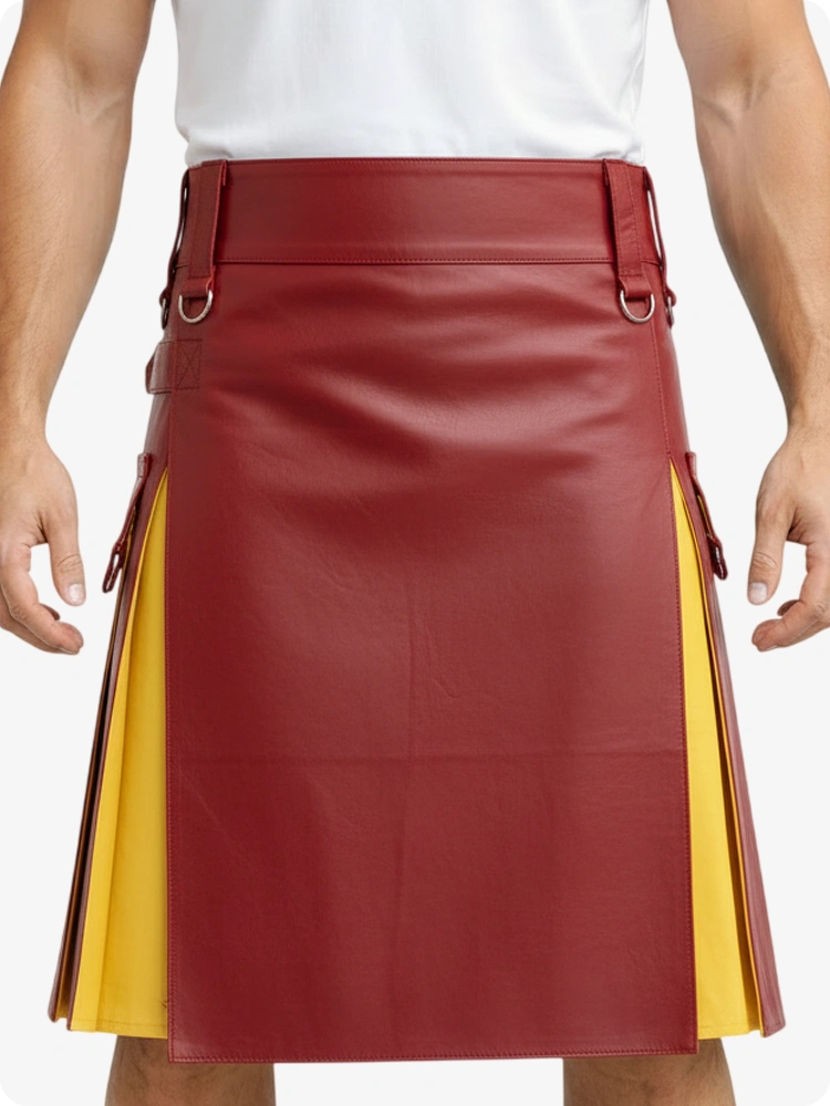 Red & Yellow Leather Utility Kilt with Cargo Pockets