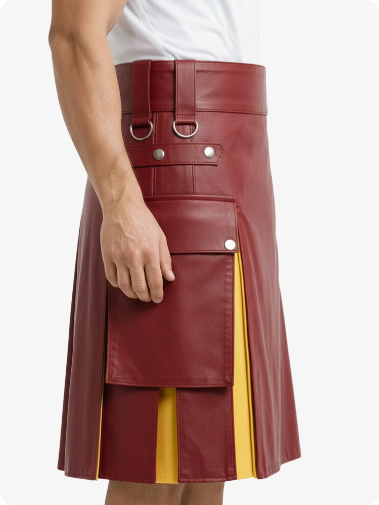 Red & Yellow Leather Utility Kilt with Cargo Pockets