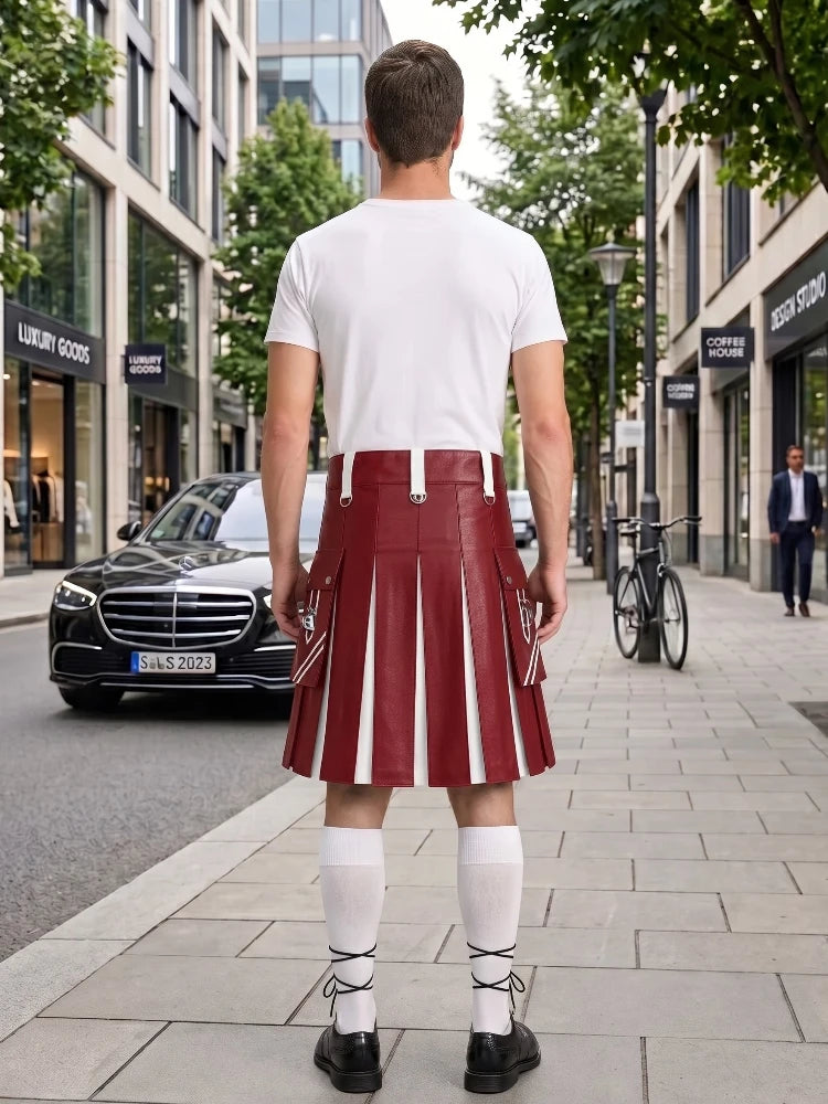 A man standing on a city sidewalk, viewed from behind, wearing a white t-shirt and a pleated red leather kilt with white vertical stripes, white knee-high socks, and black shoes.