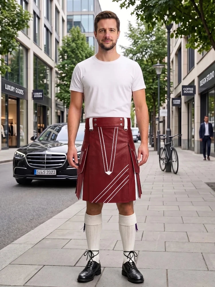 A man stands on a city sidewalk wearing a white crew-neck t-shirt, a dark red faux-leather kilt with white geometric stitching, white knee-high socks, and black leather shoes. The background shows a blurred street scene with a black Mercedes-Benz car, storefronts, and trees.