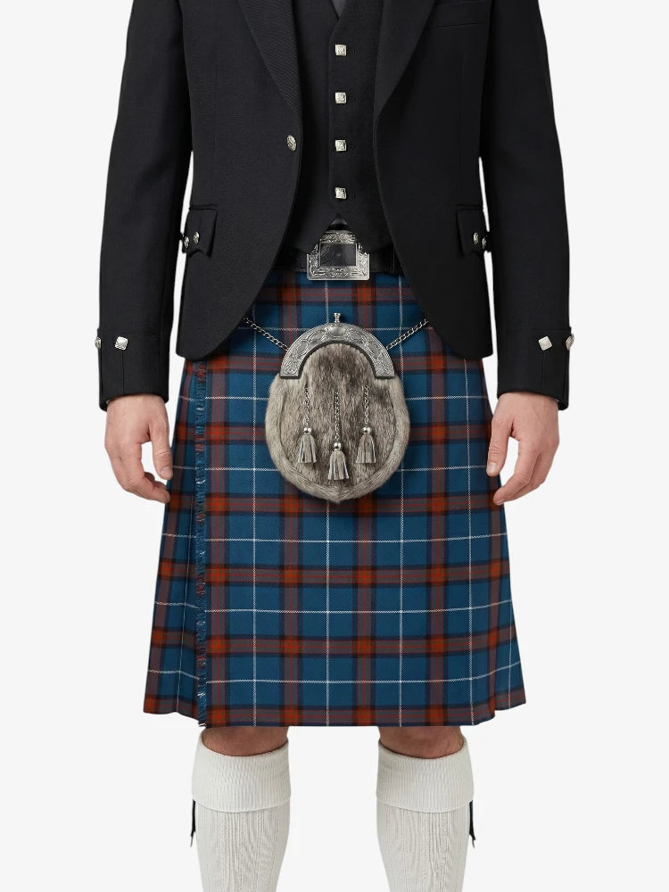 Person wearing a traditional Scottish kilt with a sporran on a white background