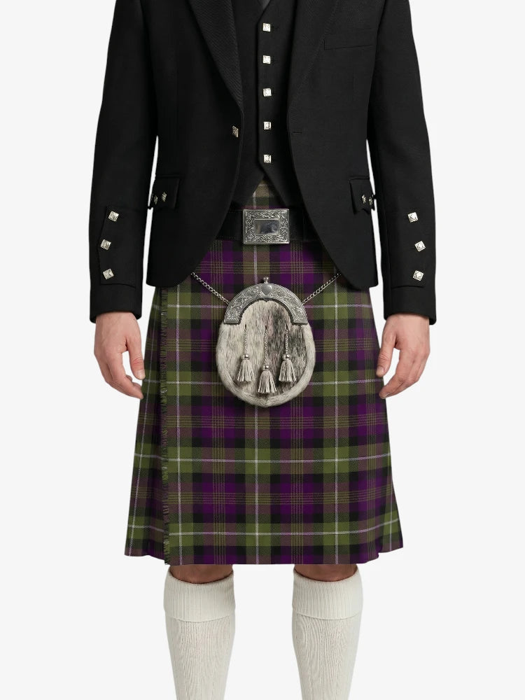 Person wearing a black jacket, purple plaid kilt, and white knee-high socks on a white background