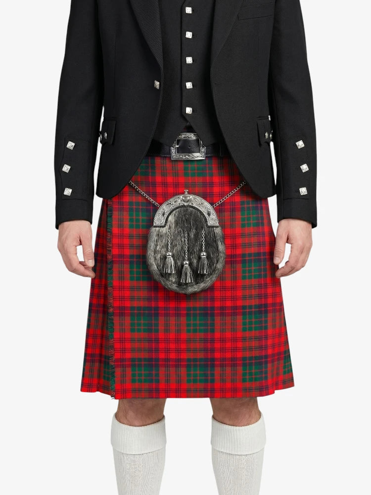 Person wearing a black jacket and red plaid kilt with a silver sporran on a white background