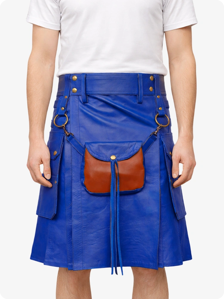 Royal Blue leather kilt with brown leather pocket on a white background