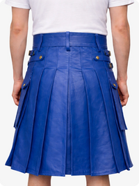 Royal Blue pleated Kilt worn by a person on a white background