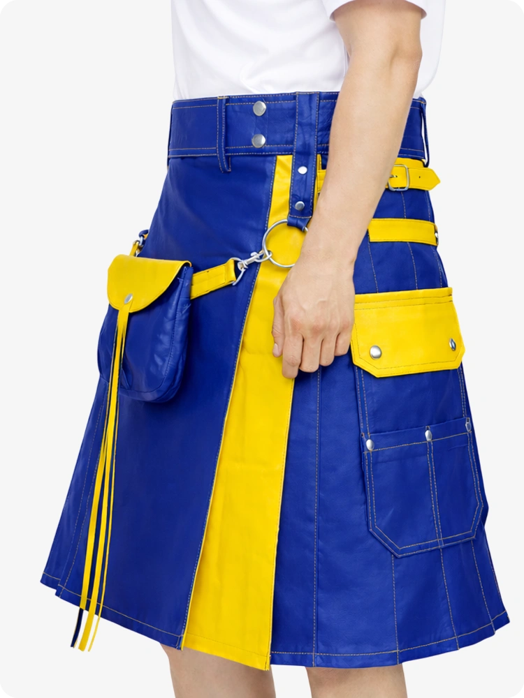 Royal Blue Leather Utility Kilt with Yellow Accents & Detachable Pockets