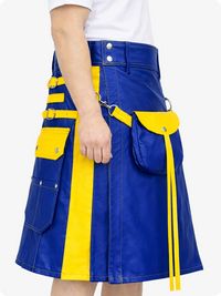 Royal Blue Leather Utility Kilt with Yellow Accents & Detachable Pockets