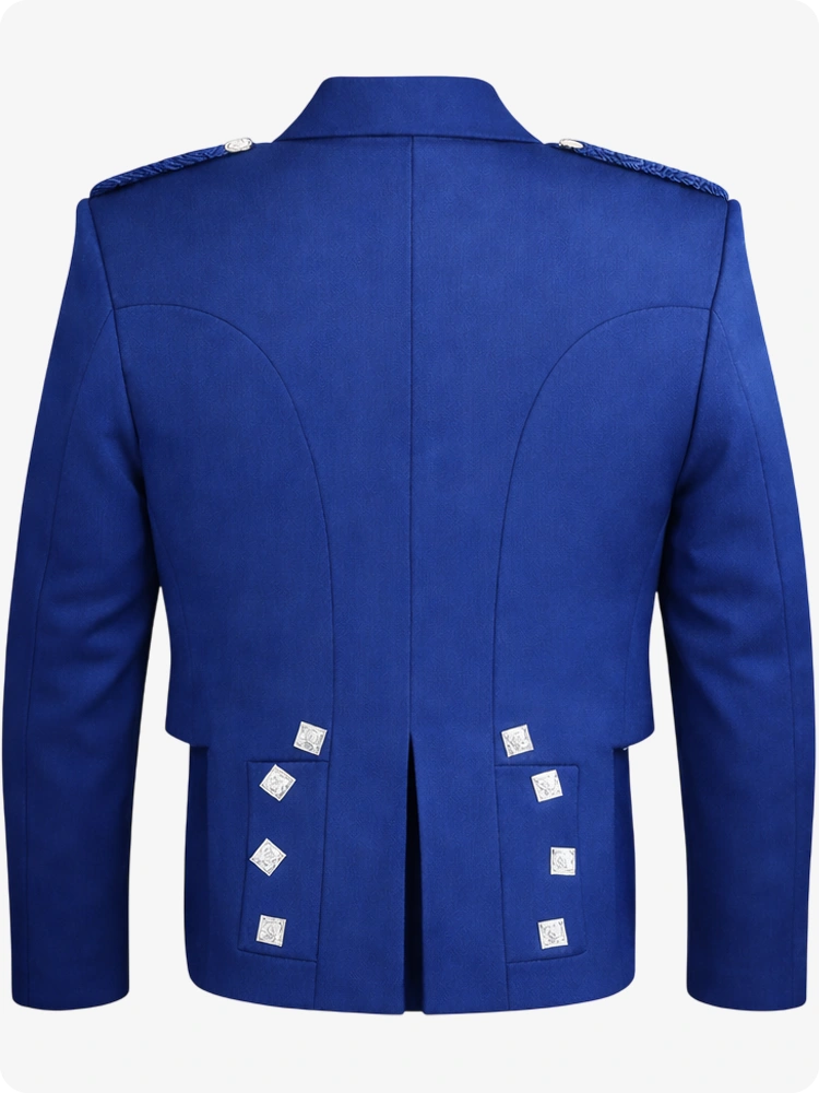 Royal Blue jacket with shoulder epaulets and button details on a white background